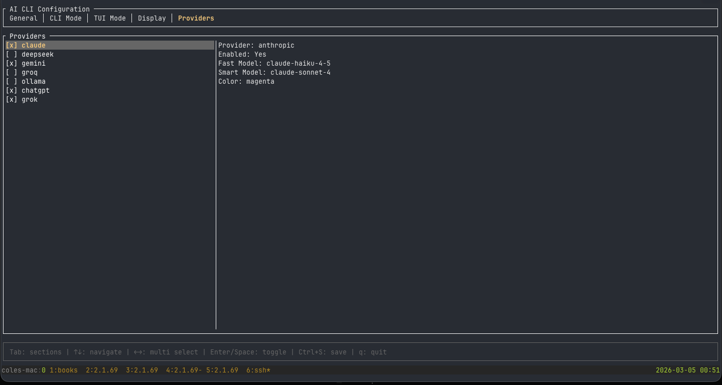AI CLI configuration TUI — provider selection with Claude, Gemini, ChatGPT, and Grok enabled