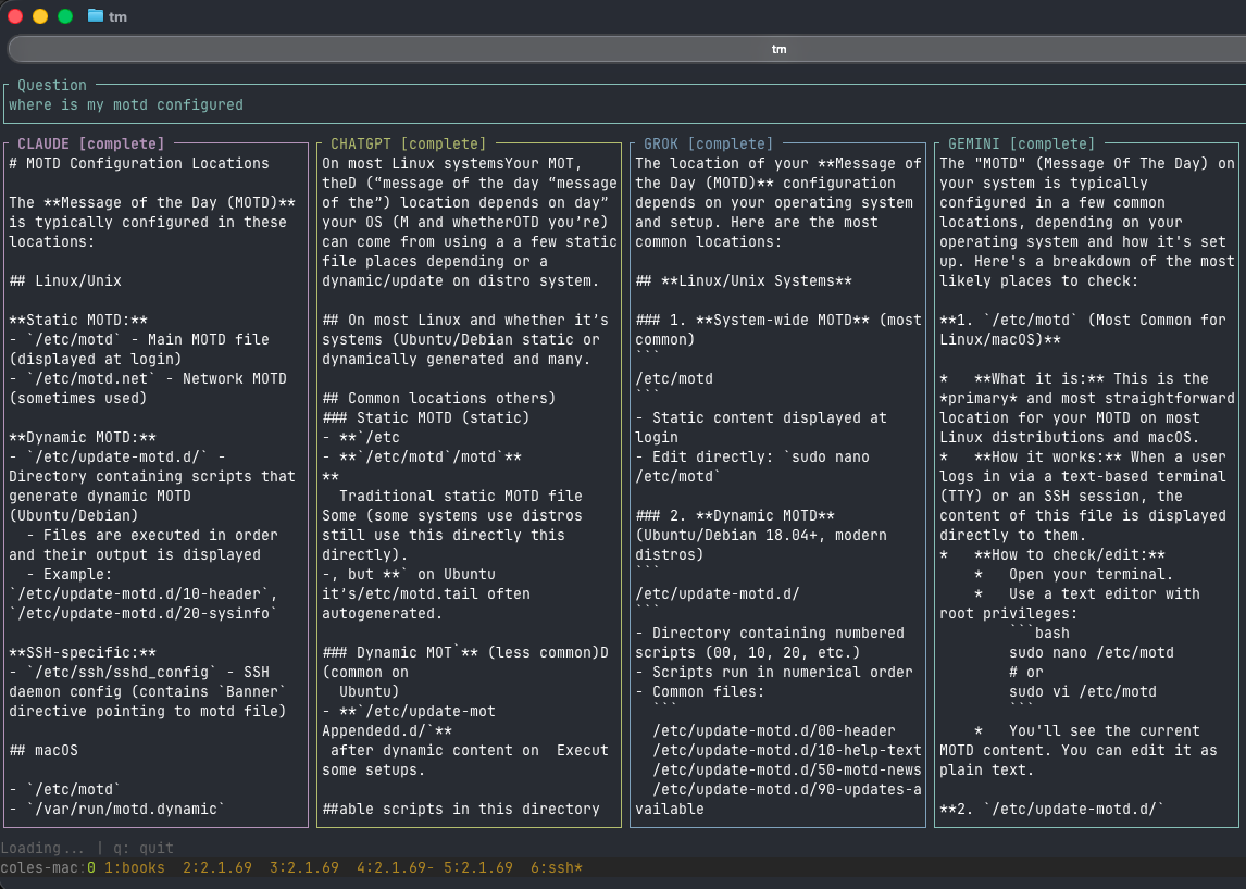 AI CLI TUI mode — 4 models (Claude, ChatGPT, Grok, Gemini) responding side-by-side to the same question