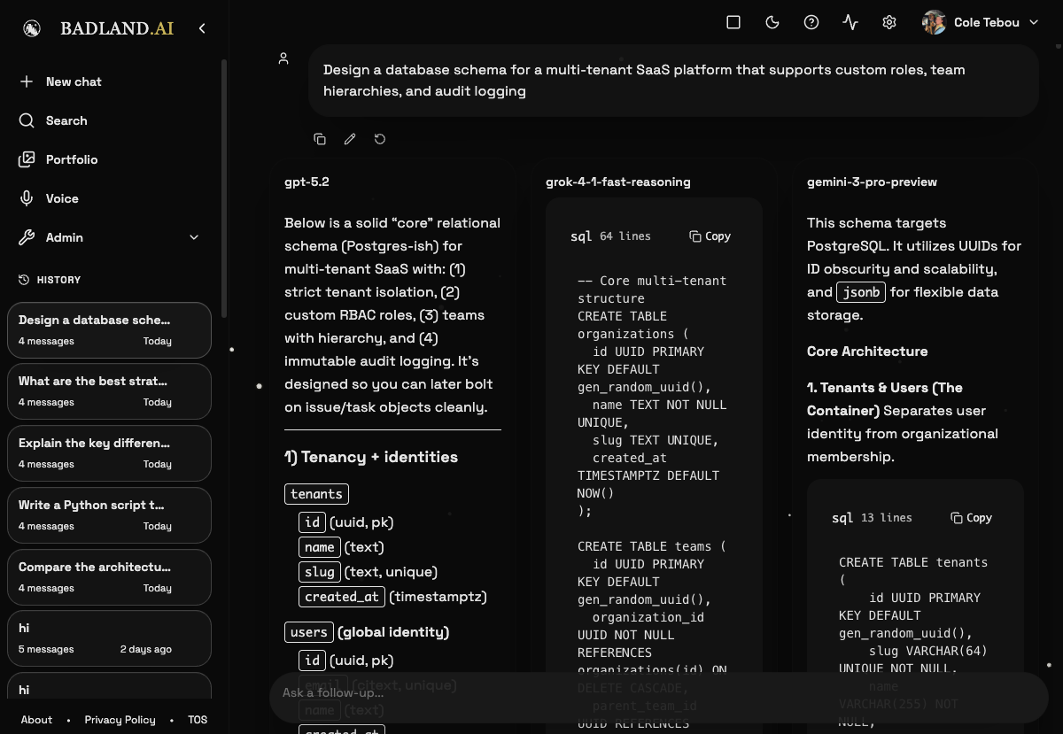 Multi-column council mode — GPT-5.2, Grok, and Gemini responding to a database schema question