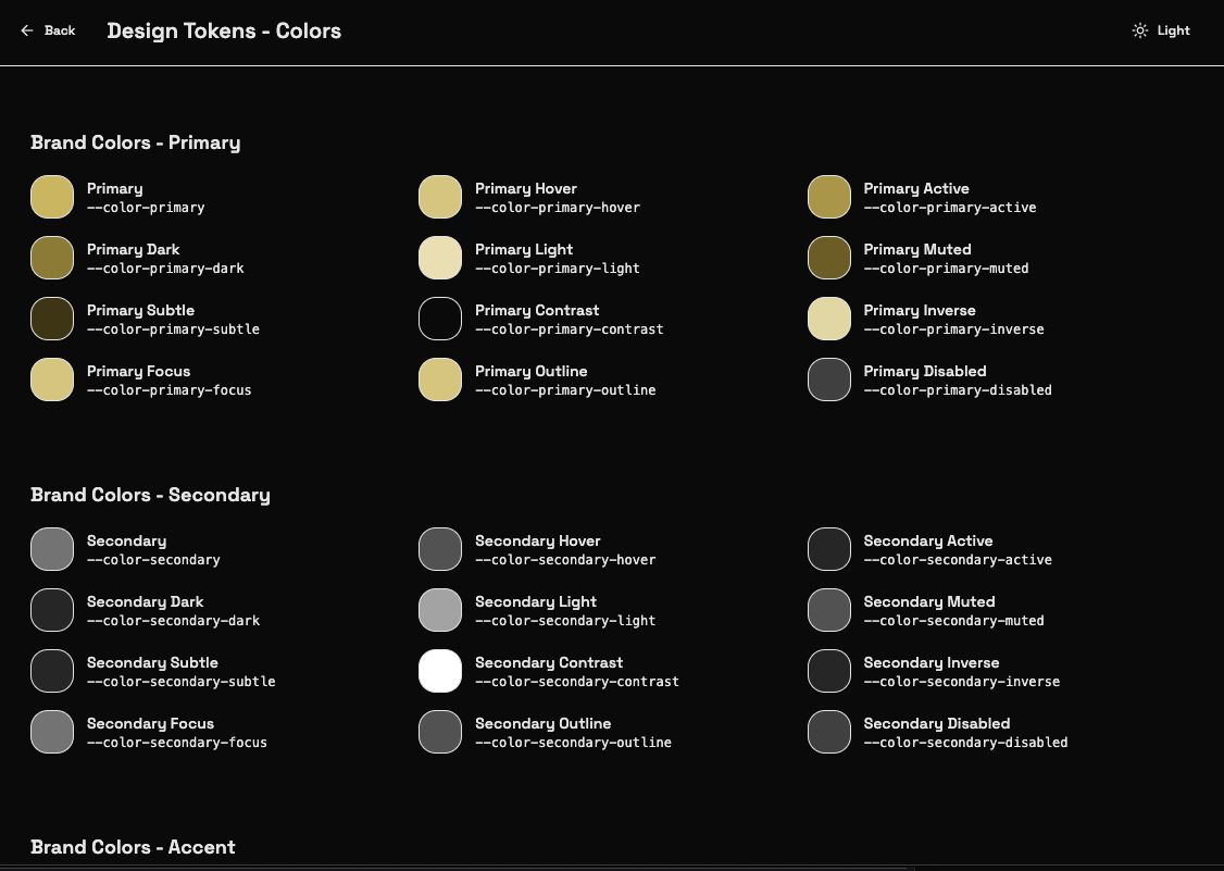 Design tokens — brand color swatches for Primary (gold), Secondary, and Accent with CSS custom property names