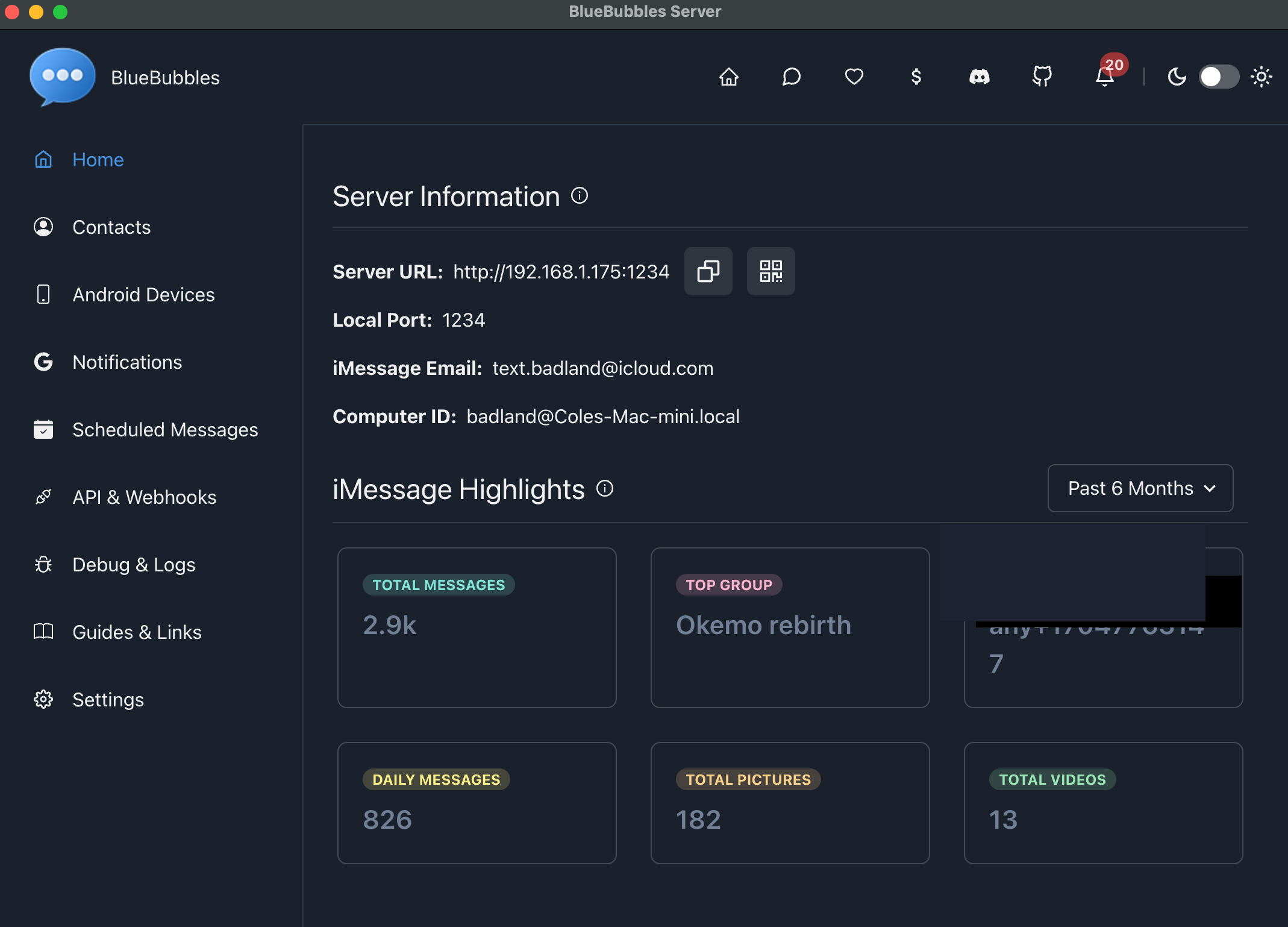 BlueBubbles server — 2.9k messages, text.badland@icloud.com