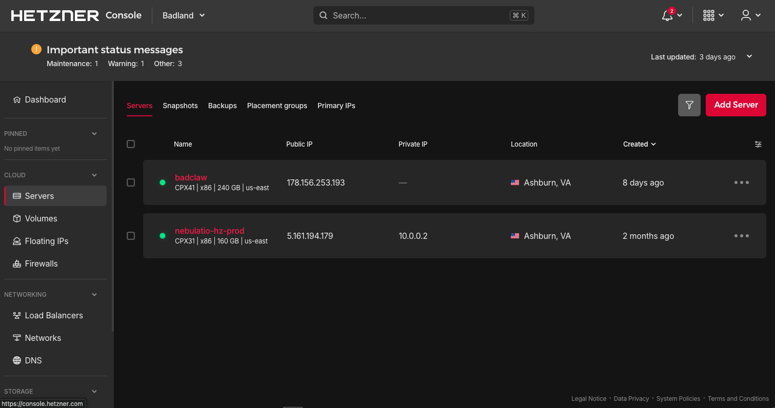 Hetzner Cloud console — badclaw (CPX41) and nebulatio-hz-prod (CPX31) servers in Ashburn, VA