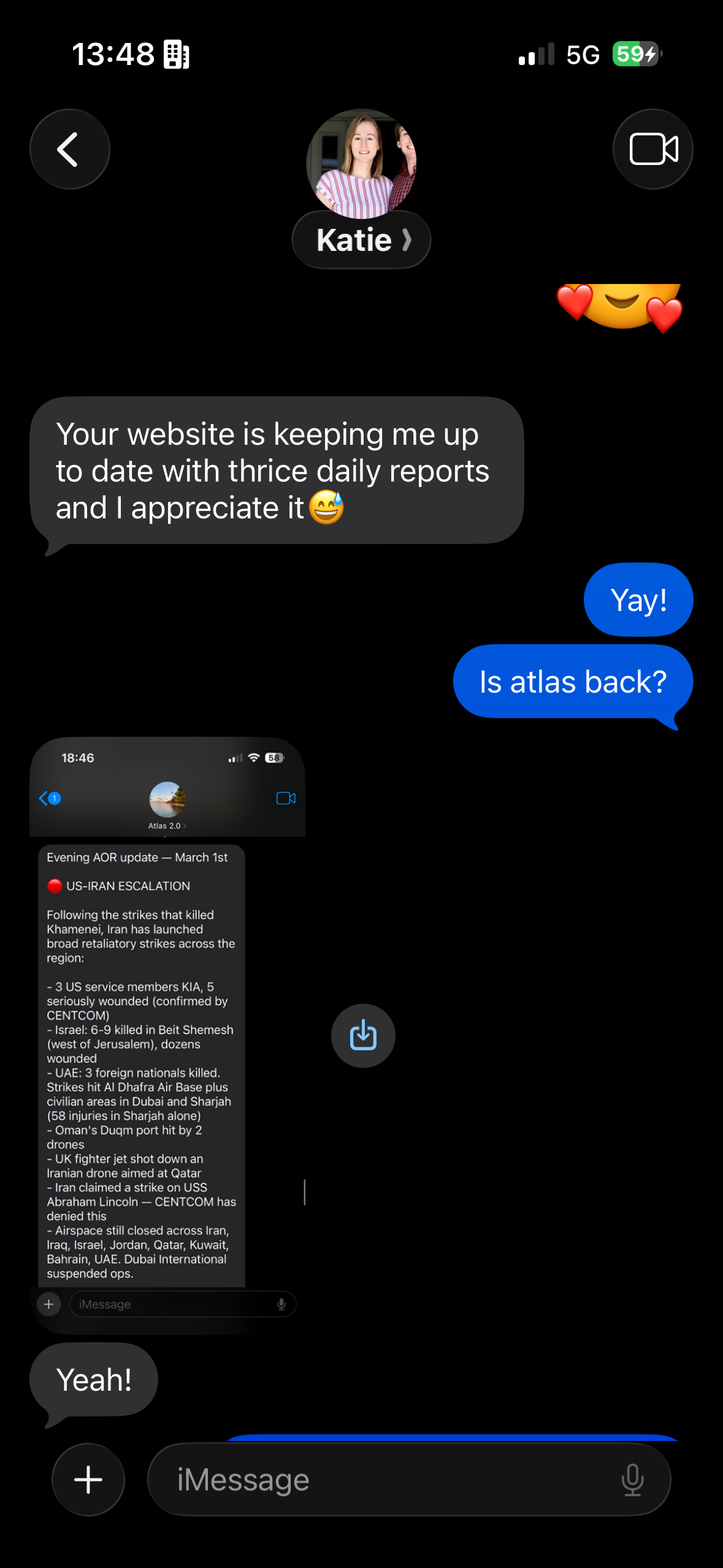 Katie's iMessage — 'Your website is keeping me up to date with thrice daily reports and I appreciate it'