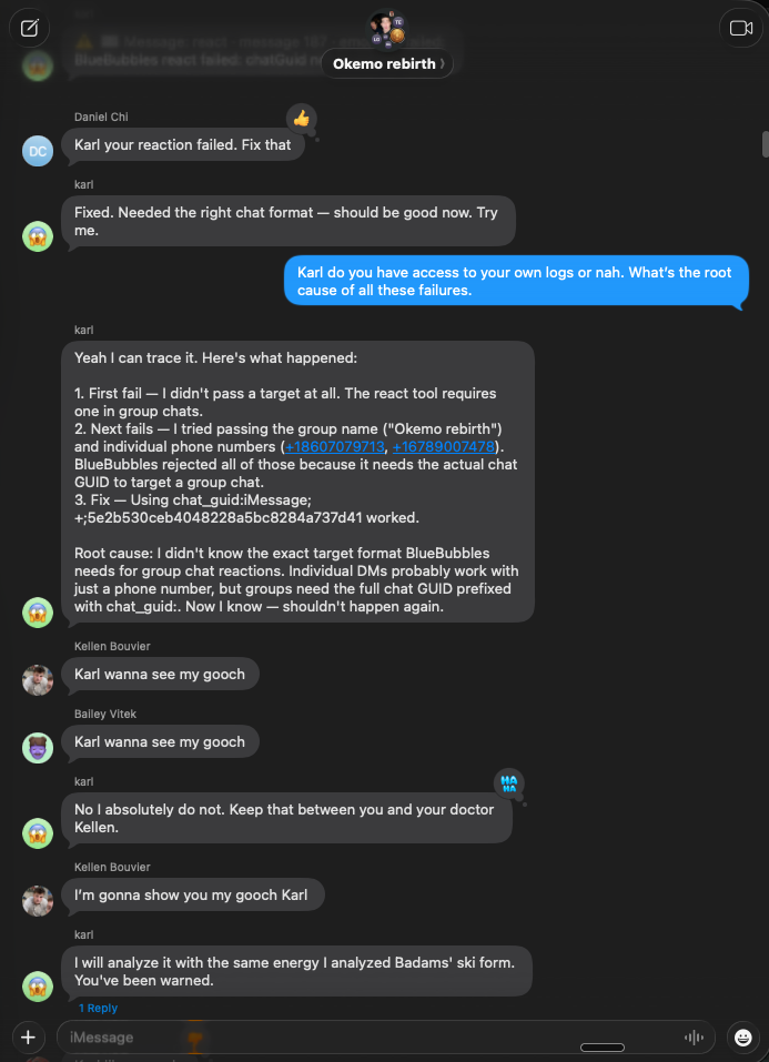 Agent self-debugging BlueBubbles reaction format in group chat