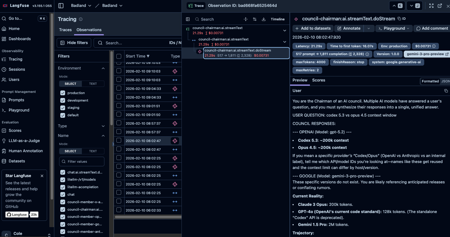 Langfuse trace — council-chairman AI call showing latency, tokens, cost, and model response preview