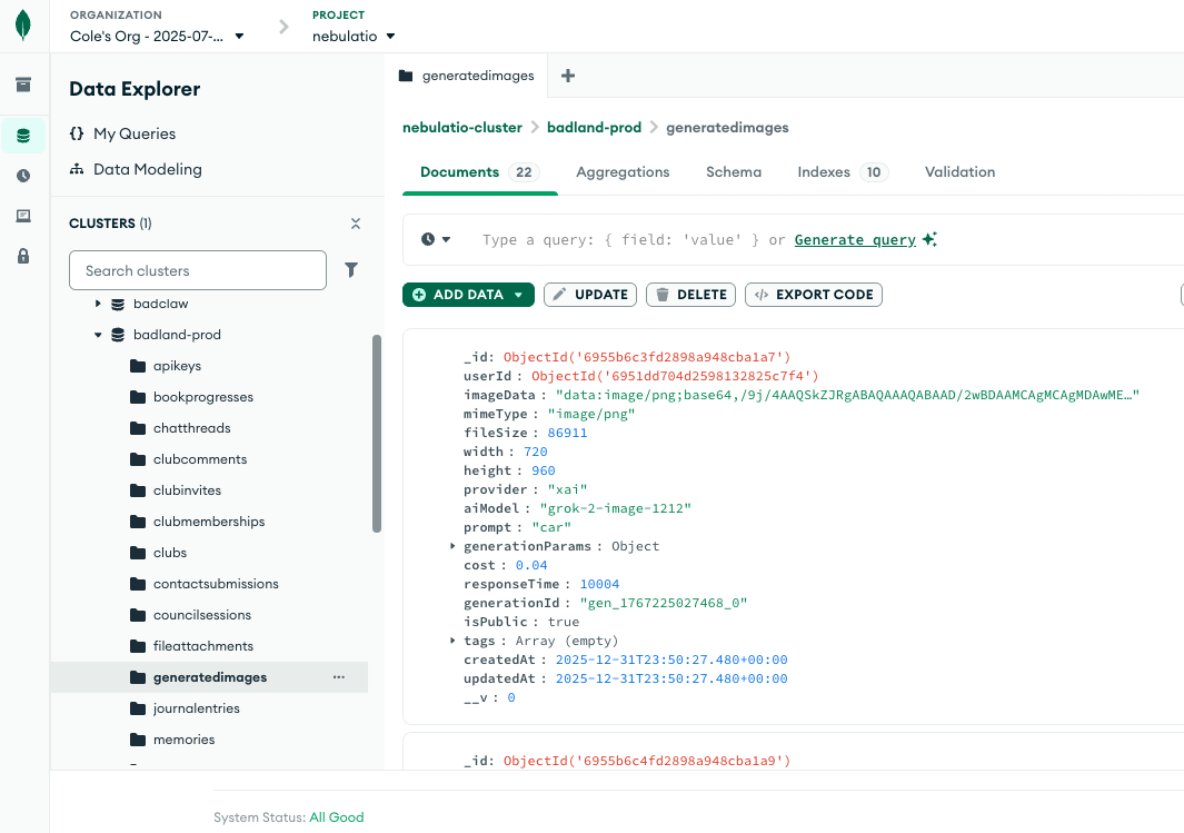 MongoDB Atlas Data Explorer — badland-prod cluster with collections and document view