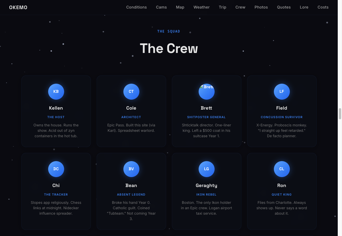 Okemo site crew section — 12 member cards with avatars and bios