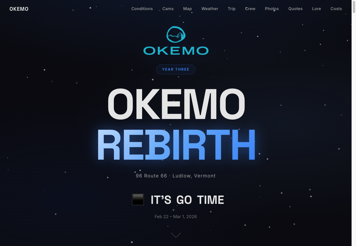 okemo.badland.ai — tenant personal site with custom branding and starfield