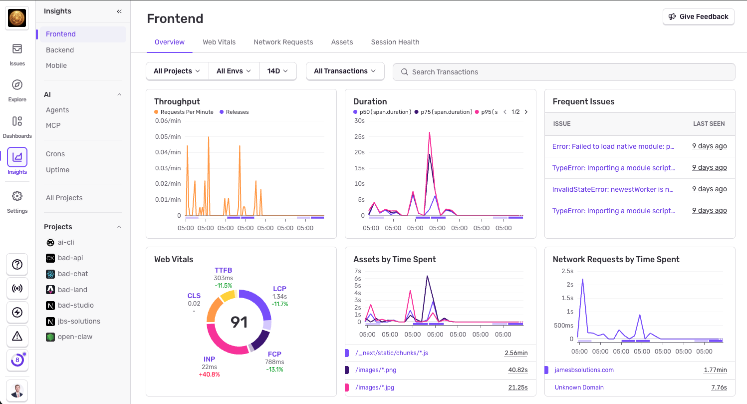 Sentry Frontend Insights — throughput, duration, Web Vitals score 91, and project list