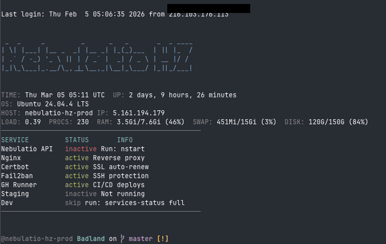 nebulatio-hz-prod MOTD — Badland ASCII art, production services, GH Runner, Nginx, Certbot