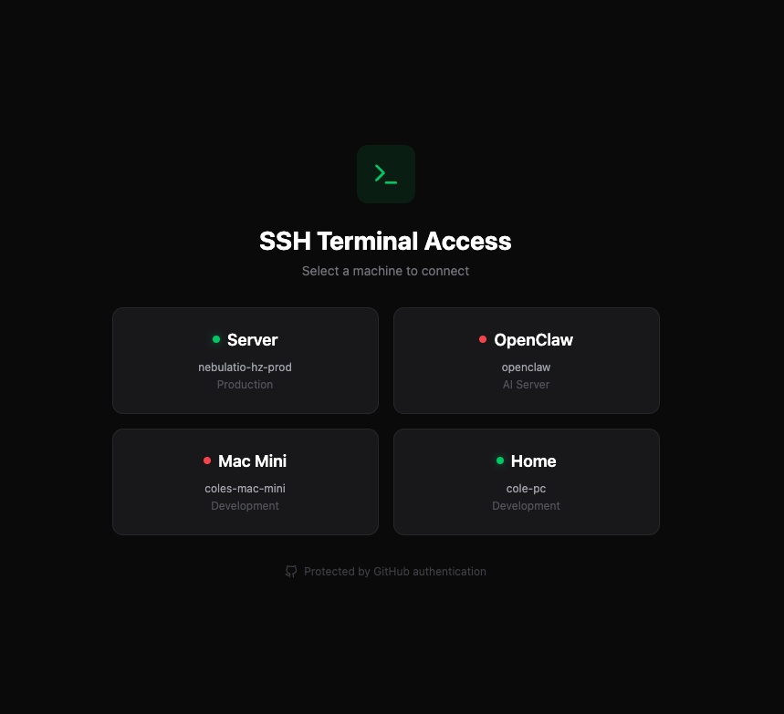 SSH Terminal Access — machine selector with Server, OpenClaw, Mac Mini, and Home with connection status