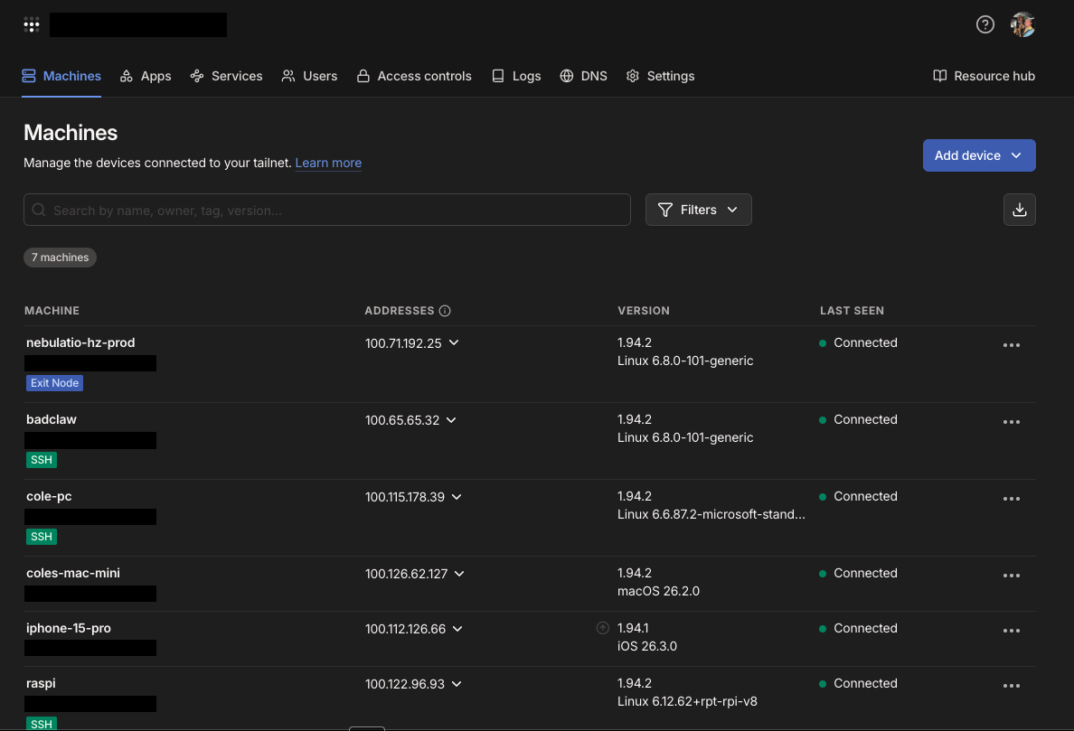 Tailscale admin — 7 machines connected: nebulatio-hz-prod, badclaw, cole-pc, coles-mac-mini, iPhone, raspi