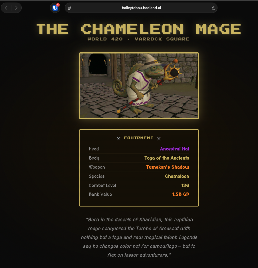 baileytebou.badland.ai — OSRS chameleon mage shrine built by agent