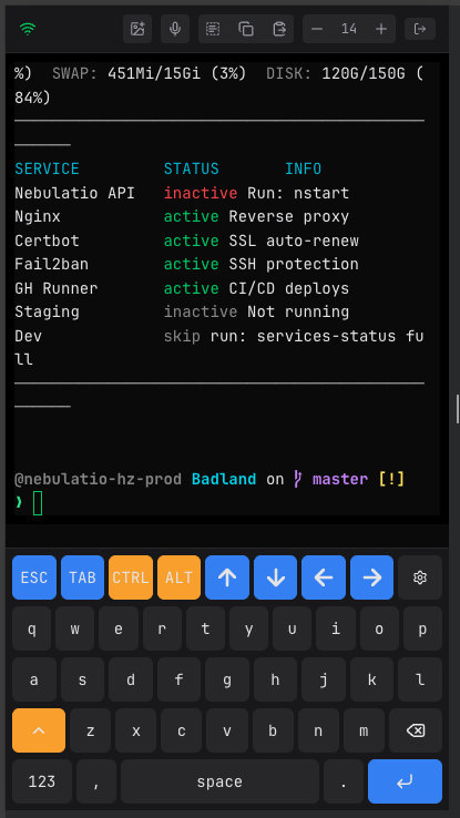 terminal.badland.ai on mobile — services-status output with on-screen keyboard, Starship prompt