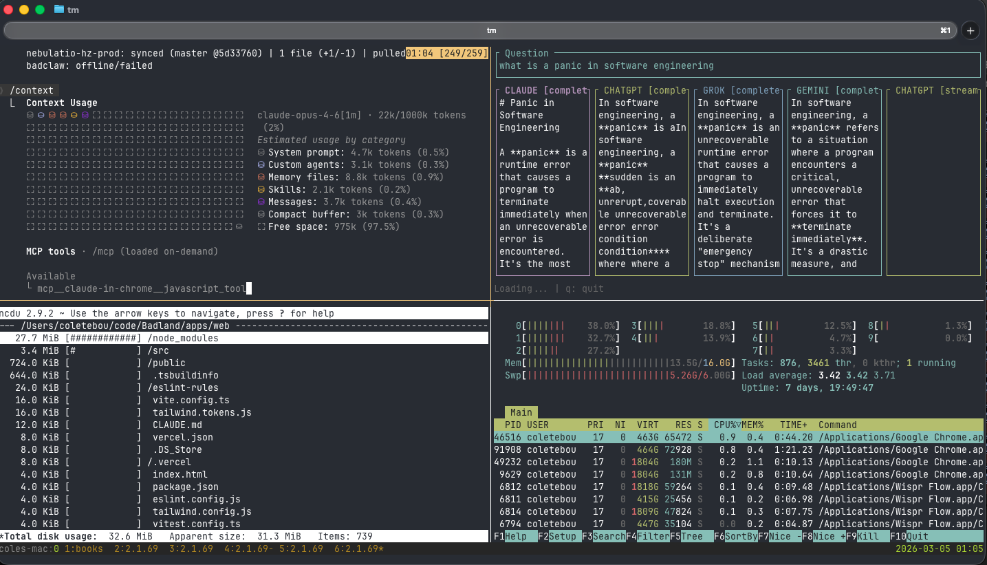 tmux session — 4 panes: Claude Code context, AI CLI council mode, ncdu disk analysis, and htop